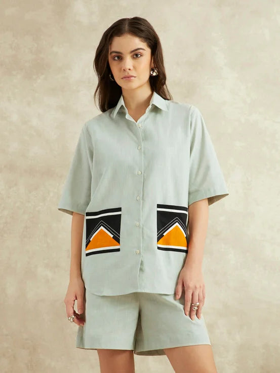 Upcycled patch pockets shirt - Grey