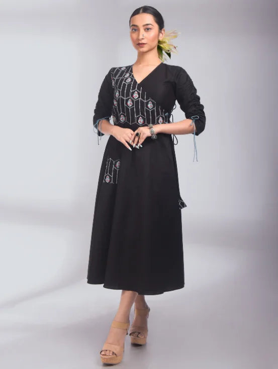 Embroidered Wrap Dress - Black