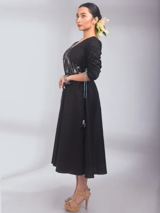 Embroidered Wrap Dress - Black