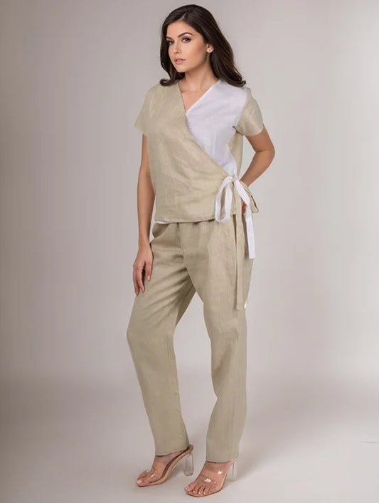 Hemp tie-up co-ord - Beige & White