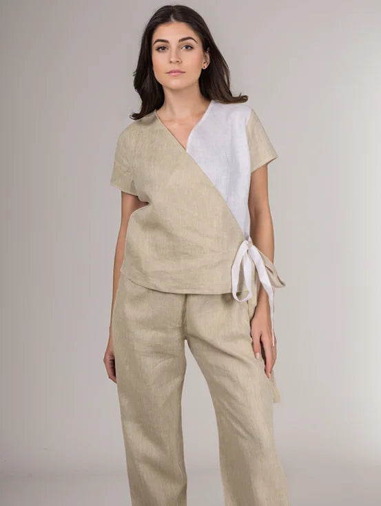 Hemp tie-up co-ord - Beige & White