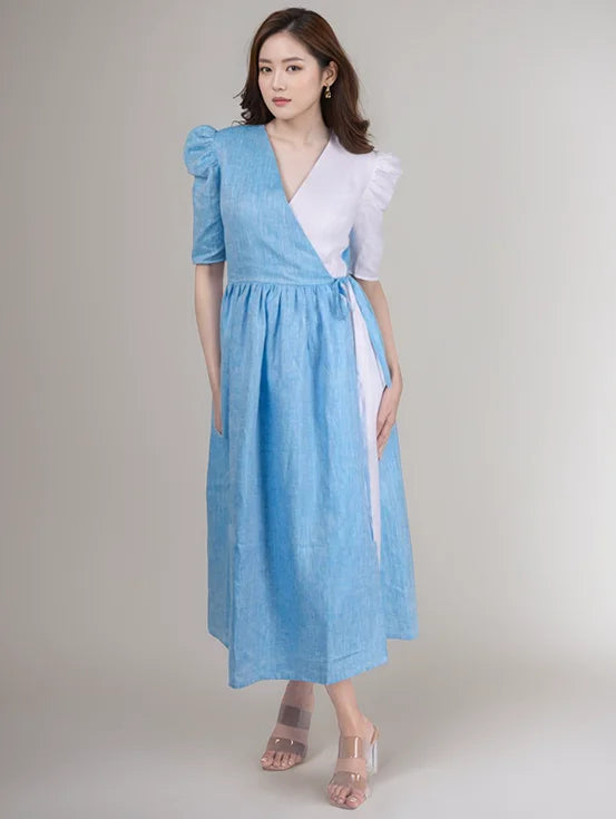 Hemp tie-up dress - Blue & White