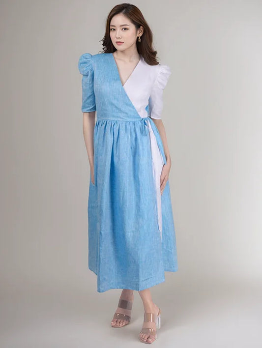 Hemp tie-up dress - Blue & White