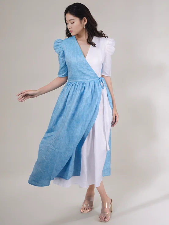 Hemp tie-up dress - Blue & White