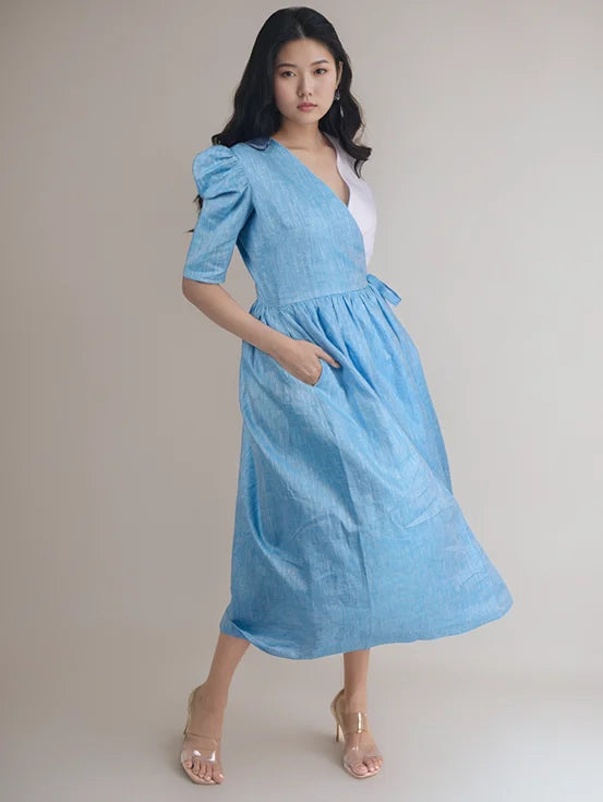 Hemp tie-up dress - Blue & White