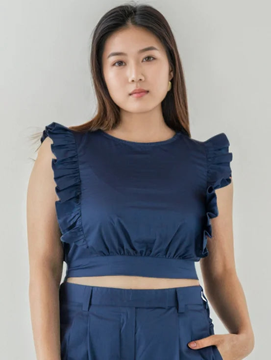 Bow Back Ruffled Crop Top - Denim Blue