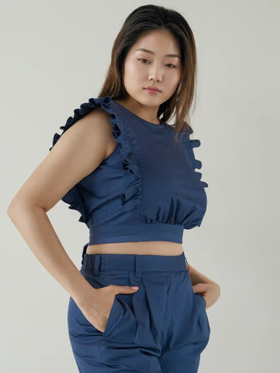 Bow Back Ruffled Crop Top - Denim Blue