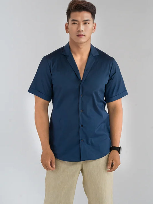 Cuban Collar Half Sleeves Shirt - Denim Blue