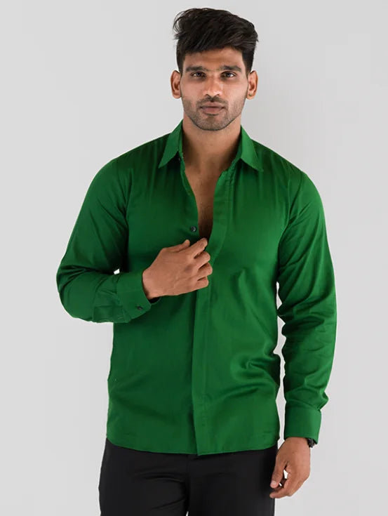 Cotton Satin Slim Fit Shirt - Bottle Green