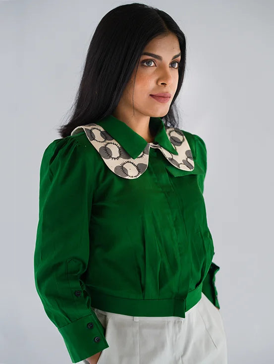 Cropped Shirt with Optional Hand Painted Collar - Bottle Green