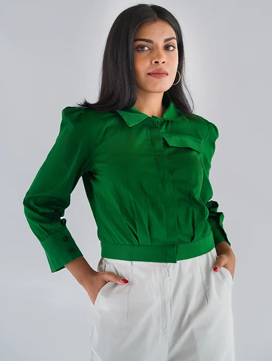 Cropped Shirt in Organic Cotton - Bottle Green