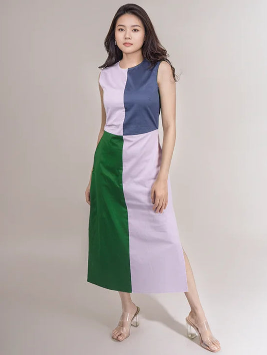 Colorblock slit dress - Lilac, Denim blue & Bottle green