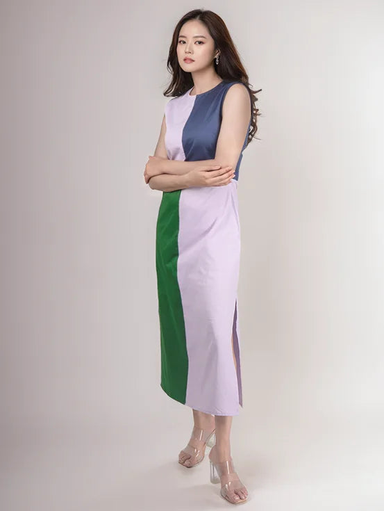 Colorblock slit dress - Lilac, Denim blue & Bottle green