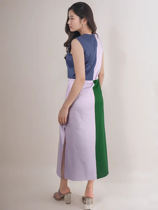 Colorblock slit dress - Lilac, Denim blue & Bottle green