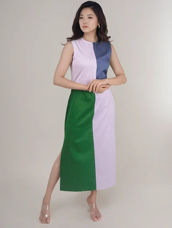 Colorblock slit dress - Lilac, Denim blue & Bottle green