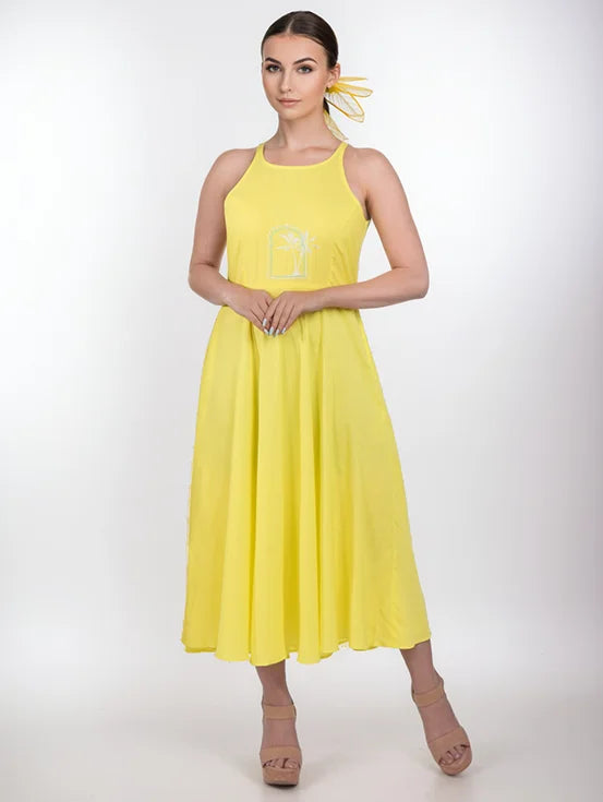 Embroidered Midi Dress - Yellow