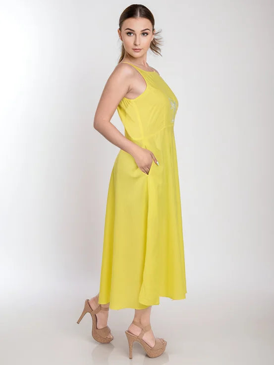 Embroidered Midi Dress - Yellow