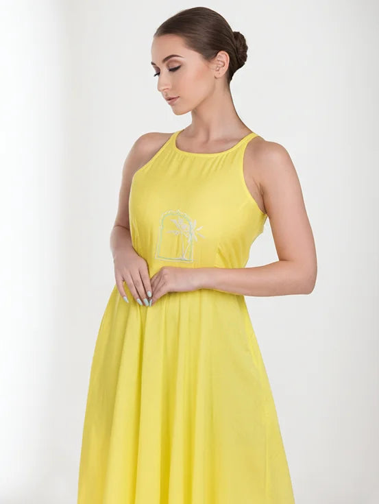 Embroidered Midi Dress - Yellow