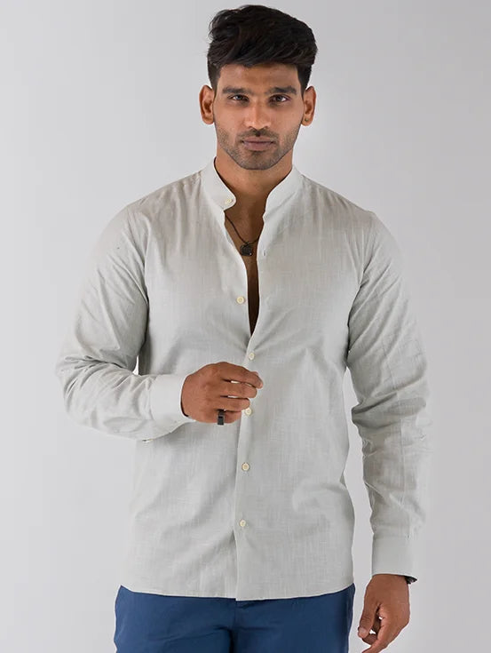 Cotton Slub Mandarin Collar Shirt - Grey
