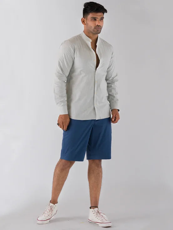 Cotton Slub Mandarin Collar Shirt - Grey
