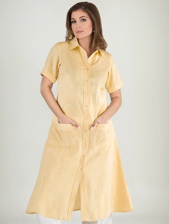 Hemp Button Down Shirt Dress - Yellow