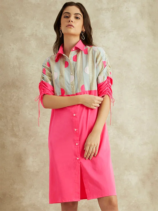 Patchwork shirt dress - Hot Pink