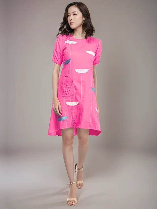 High Low Patchwork Dress - Hot Pink