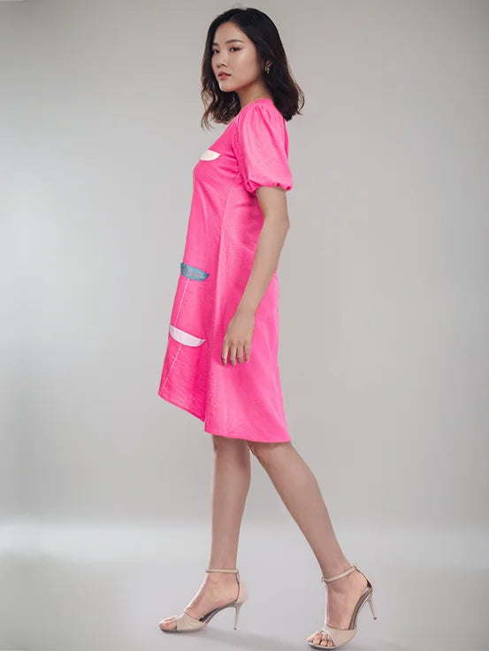 High Low Patchwork Dress - Hot Pink