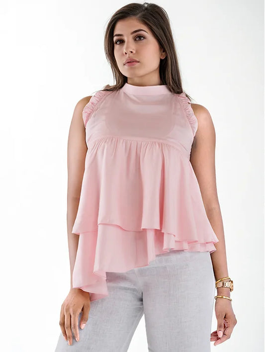 Halter Neck Tiered Ruffle Top - Light Pink