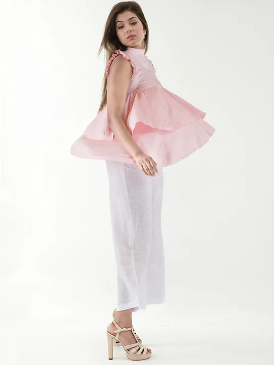 Halter Neck Tiered Ruffle Top - Light Pink