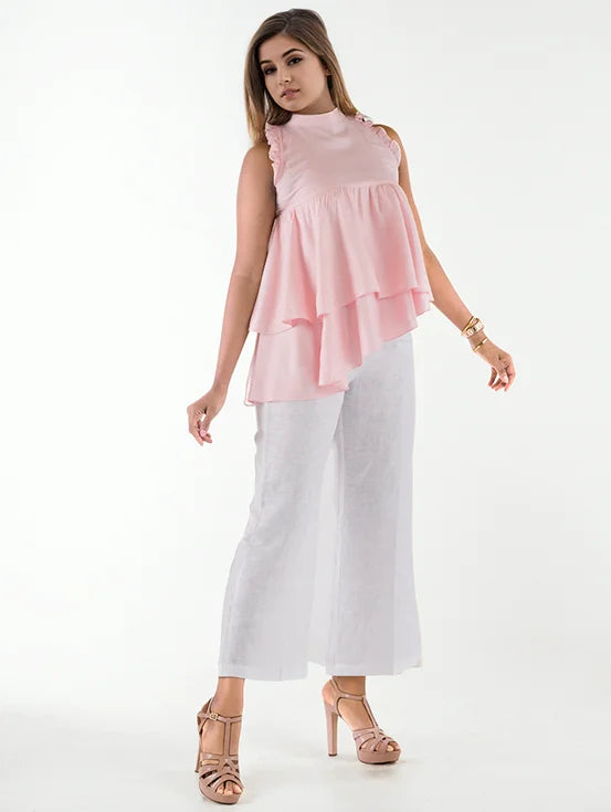 Halter Neck Tiered Ruffle Top - Light Pink