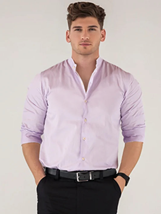 Cotton Satin Mandarin Collar Shirt - Lilac