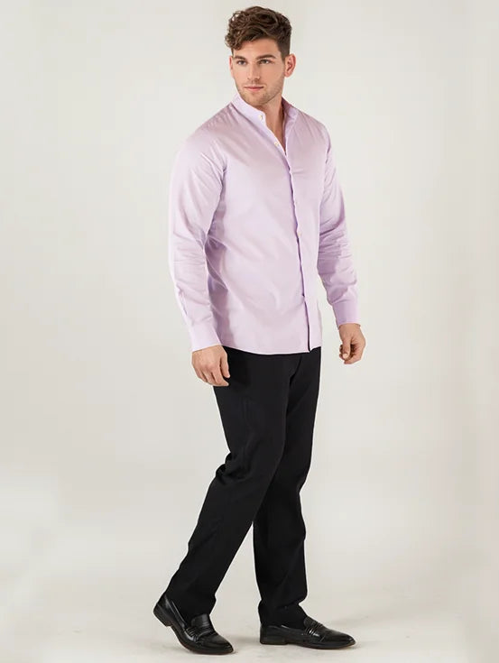 Cotton Satin Mandarin Collar Shirt - Lilac