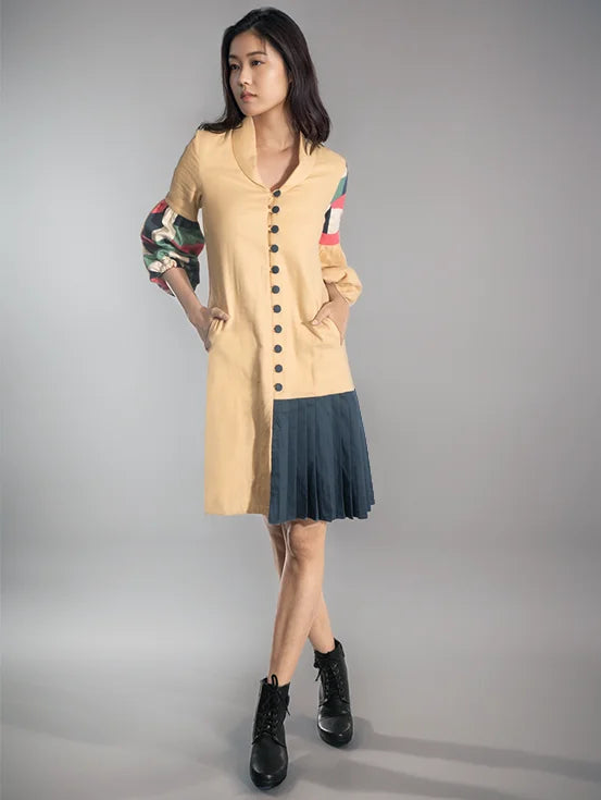 Multi Patch Pleated Jacket Dress - Beige