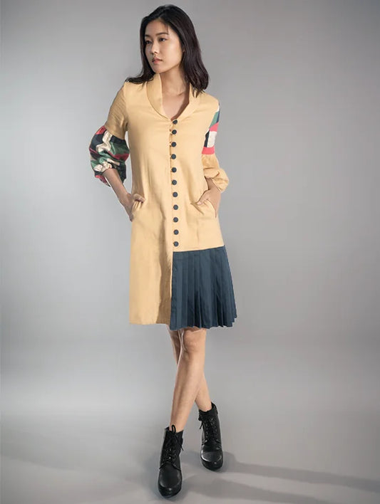 Multi Patch Pleated Jacket Dress - Beige