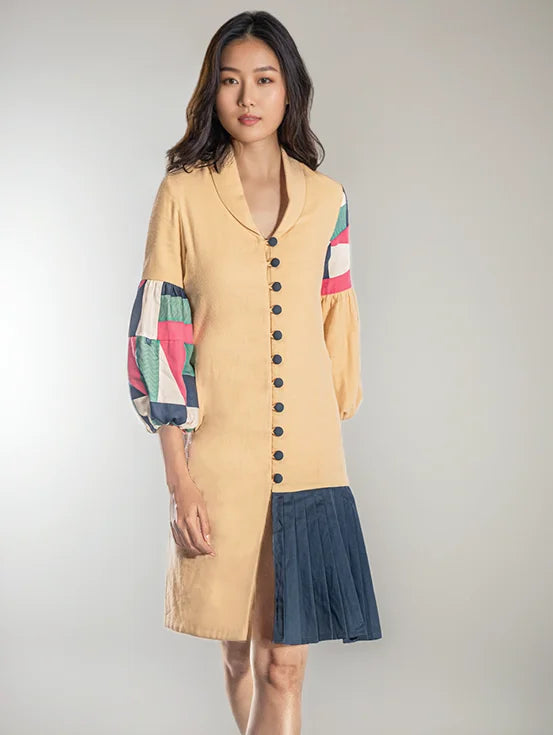 Multi Patch Pleated Jacket Dress - Beige