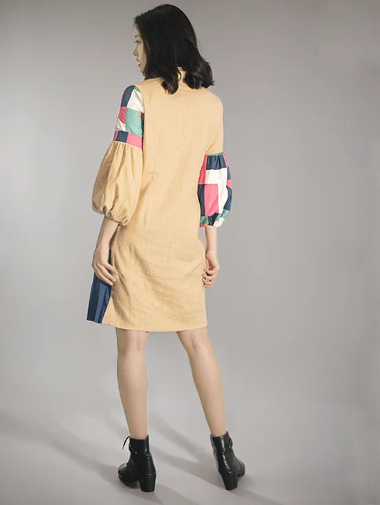 Multi Patch Pleated Jacket Dress - Beige