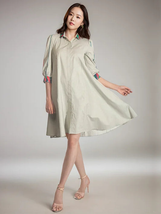 Organic Cotton Button Down Dress with Upcycled Handwork - Grey