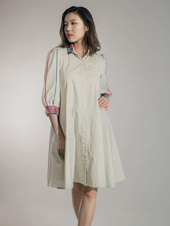 Organic Cotton Button Down Dress with Upcycled Handwork - Grey