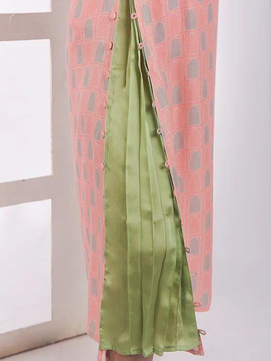 Pleated Dress - Peach & Green