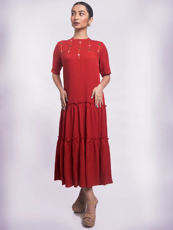 Embroidered Tiered Dress - Rust