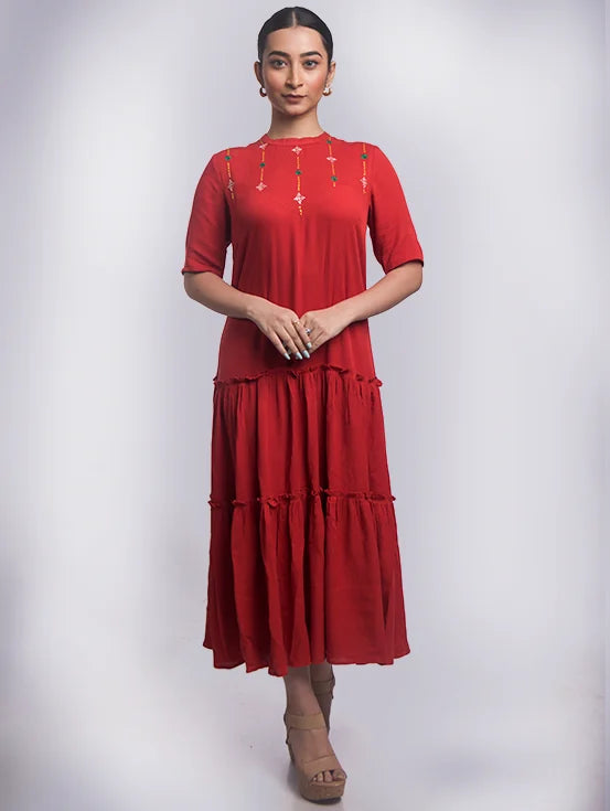 Embroidered Tiered Dress - Rust