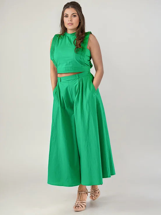 Tie Back Pintuck Crop Top - Green