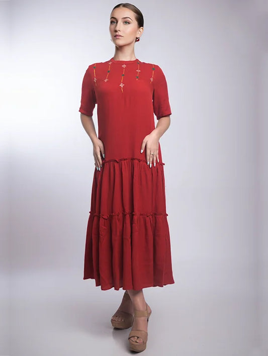 Embroidered Tiered Dress - Rust