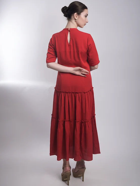 Embroidered Tiered Dress - Rust