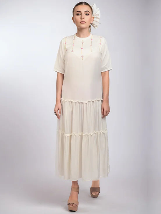 Embroidered Tiered Dress - White