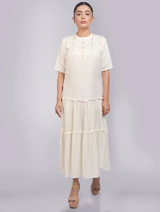 Embroidered Tiered Dress - White