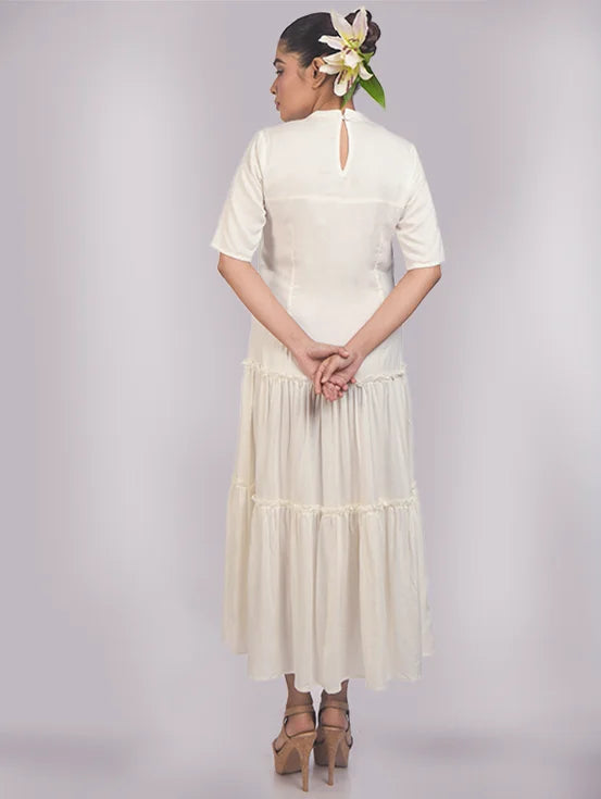 Embroidered Tiered Dress - White