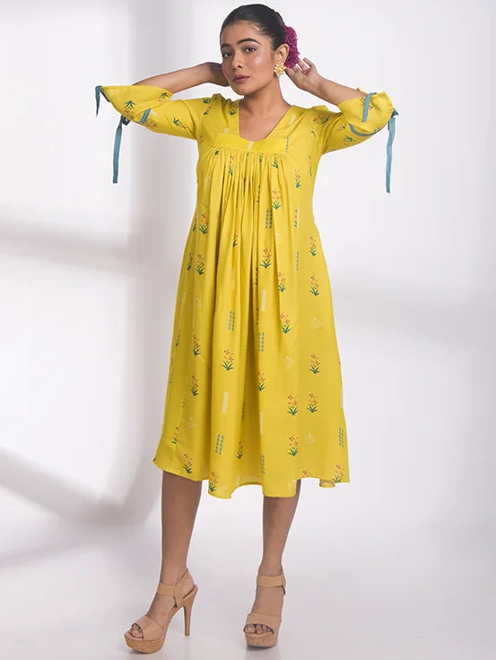 Floral Gathered Dress - Yellow