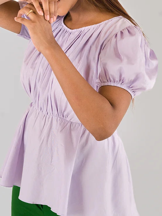 Ruched Peplum Top with Puff Sleeves - Lilac
